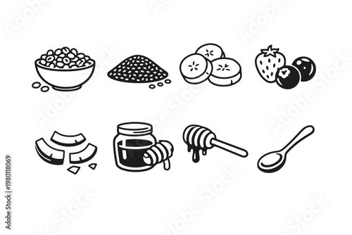 Flat Line Art Breakfast Ingredient Icons Set Featuring Granola Bowl, Chia Seeds, Banana Slices, Strawberry, Blueberry, Coconut Flakes, Honey Jar, Dipper, and Spoon for Healthy Meal Planning