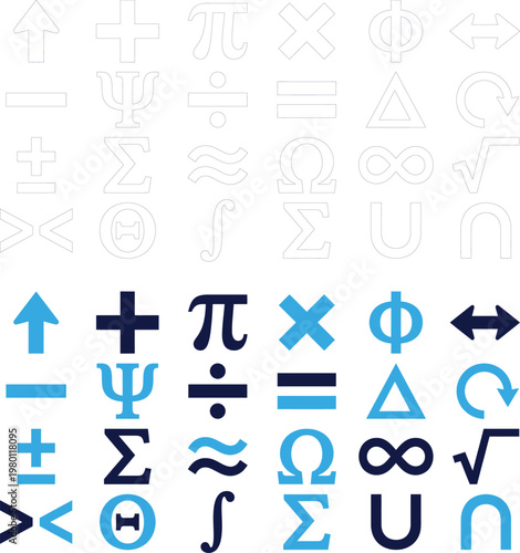 Collection of colorful mathematical symbols and icons for education and science on white.