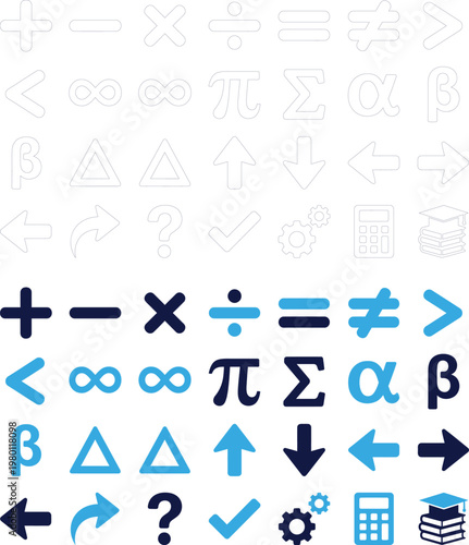 Collection of colorful mathematical symbols and icons for education and science on white.