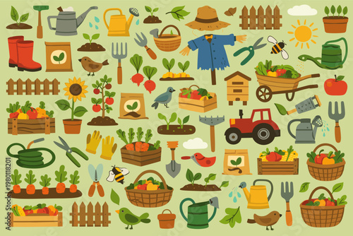 Garden and Agriculture Seamless Pattern with Flat Vector Icons of Gardening Tools, Vegetables, Plants, Tractor, Scarecrow, Watering Cans, and Harvest Elements for Farming and Horticulture.