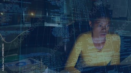 Animation of stock market data processing over african american woman working late at office