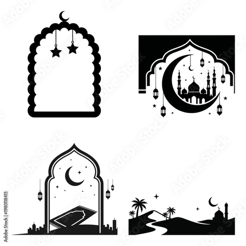 Quran arch and moonlit skyline symbol set