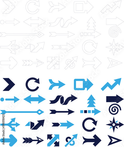 Arrow icons set in outline and solid blue simple modern flat design.