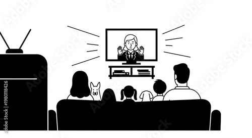 A family watches a news anchor on a television screen with a dog sitting beside them on the couch.