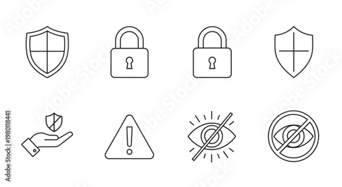 A set of security icons including shields, locks, and warning signs in a minimal line art style