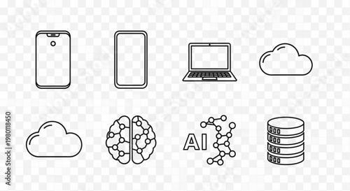 A set of modern technology icons including devices, cloud storage, artificial intelligence, and data management on a transparent background