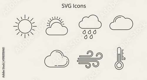 A set of modern weather icons in a flat line art style for use in digital applications