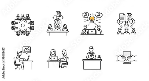A set of minimalist line art icons depicting businesspeople collaborating and working together in a modern office environment.