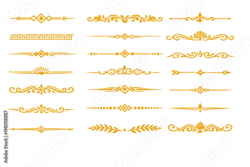 Gold Decorative Ornamental Borders and Dividers Vector Set with Geometric and Classic Design Elements. Vintage Flourishes, Swirls, and Lines for Invitations, Certificates, and Elegant Stationery.