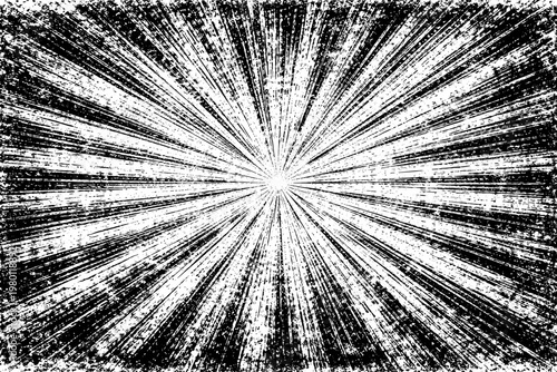Black and White Distressed Radial Sunburst Background with Grunge Texture and Horizontal Lines, Vintage Retro Explosion Rays Pattern for Poster Design, Comic Book Style, and Abstract Vector Art