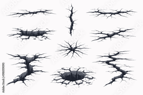 Set of Realistic Ground Cracks and Fissures for Concrete, Ice, or Stone Wall Effects; Earthquake Damage, Road Splits, Deep Chasms, and Broken Surface Textures, Vector Illustration Collection.