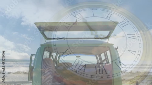 Teal van hatch open on travel beach, clock overlay appearing rotating over cushions indicating time