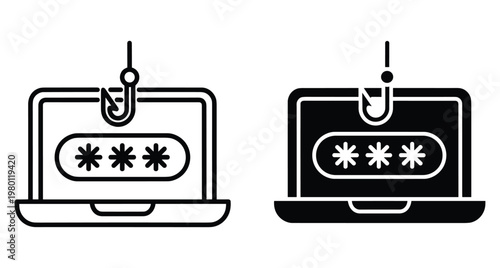 Phishing attack icon set showing laptop computer with fishing hook stealing password login credentials for cyber security and internet fraud