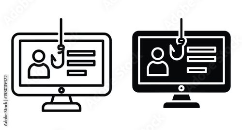 Phishing attack icon set showing computer monitor with login form and fishing hook representing cyber crime data theft and internet fraud
