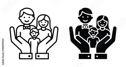 Family protection icon set showing father mother and child held by hands for insurance safety security care and support services
