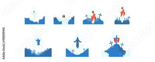 Set of Ascension Day of Jesus Illustration, Christian Religious Ascension Scene Vector