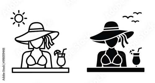 Woman wearing sun hat and bikini relaxing with cocktail drink under sun at beach summer vacation travel icon set design