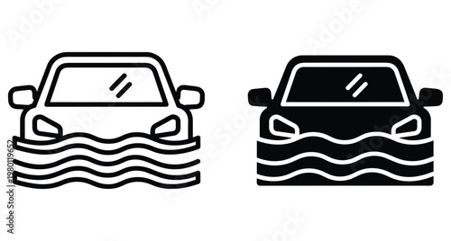 Car flood icon set showing vehicle submerged in water representing natural disaster insurance claim climate change emergency and road safety hazards