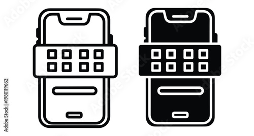 Smartphone app menu interface icons showing mobile device screen with grid of application shortcuts in outline and solid black styles