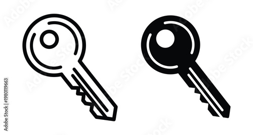 Key icon set with outline and solid versions for security access door lock house car property management and digital interface