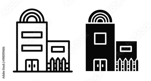 Modern building icon set featuring observatory architecture with signal dome windows door and fence in outline and solid black styles