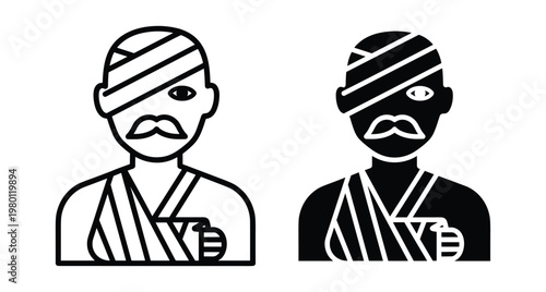Injured man icon set with head bandage and arm sling representing patient recovery medical emergency first aid and healthcare services