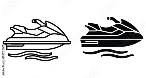 Jet ski personal watercraft icon set with outline and solid black silhouette styles for summer vacation and water sports activities