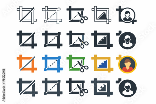 Crop and Trim Icon Set with Multiple Styles Including Outline, Solid, and Colorful Flat Designs for Image Editing, Photo Manipulation, UI Design, and Graphic Software Vector Illustration Collection.