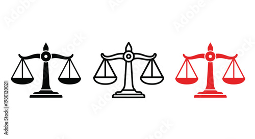 Three scales of justice progressing from black to red silhouette