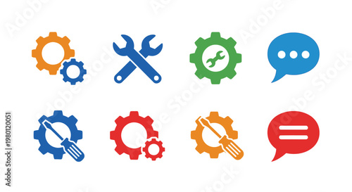 Colorful icons depicting tools gears and communication a silhouette
