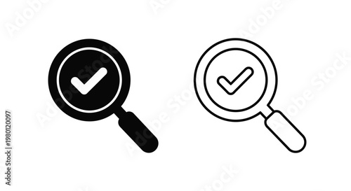 Two magnifying glasses with check marks solid and outlined silhouette