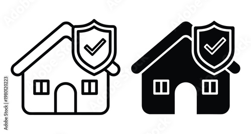 Home security icon set featuring house with shield and checkmark symbol for insurance protection safety and residential property coverage