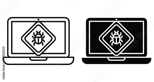 Laptop computer with bug virus warning sign on screen representing malware infection cyber security threat software error and system vulnerability