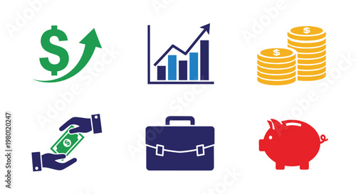 Financial growth icons depicting money investment and business success silhouette