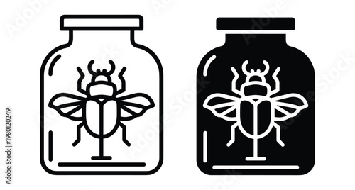 beetle specimen in glass jar icon set for entomology biology science research nature collection study insect preservation outline and solid style