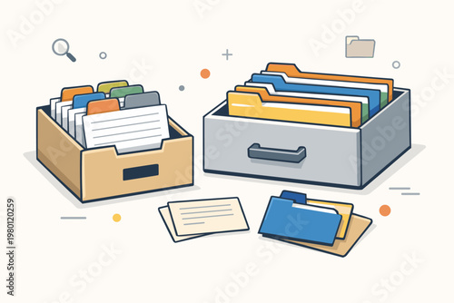 Vector Illustration of an Alphabetical Card Index Box and Filing Cabinet Drawer with Colorful Folders, Representing Document Archive, Data Storage, Information Management, and Office Organization.