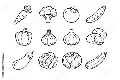 Set of 12 minimalist vegetable line icons featuring carrot, broccoli, tomato, cucumber, bell pepper, onion, garlic, potato, eggplant, cabbage, lettuce, and zucchini for healthy food and cooking design
