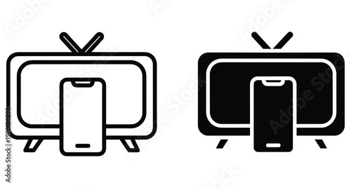 Screen mirroring icon set showing smartphone and television connection for wireless casting streaming media content from mobile device to monitor