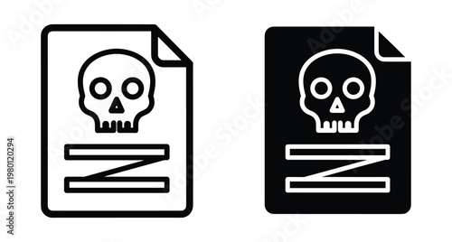 Digital file document icon with skull symbol representing malware virus cyber security threat dangerous data infection hacking risk warning sign