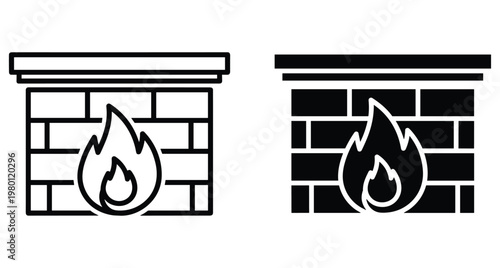Fireplace icon set with brick wall and burning flame in outline and solid black glyph styles for home interior design