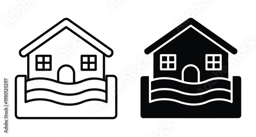 House flood icon set showing residential building submerged in rising water waves representing natural disaster insurance claims and emergency weather situations