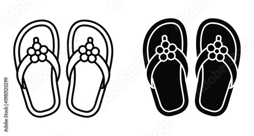 Flip flops thong sandals with flower decoration icon set in outline and solid black silhouette style for summer beach vacation