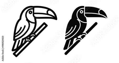 Toucan bird icon set featuring outline and solid silhouette styles perched on a branch for tropical nature and wildlife design