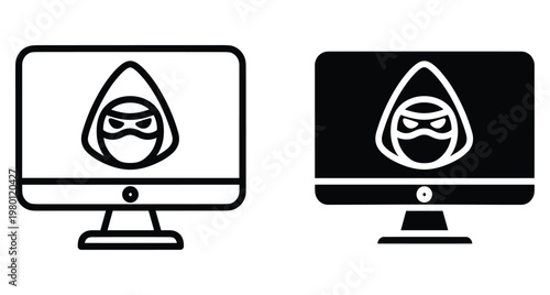 Computer monitor icon with hooded hacker figure representing cyber security threat data breach malware attack digital crime and network protection