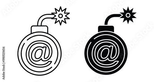 Email bomb icon set representing cyber security threats malware spam and digital attacks for web design and internet safety concepts