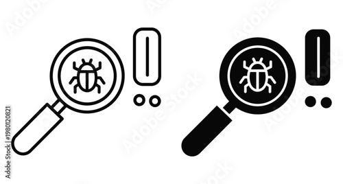 Magnifying glass icon with bug and exclamation mark representing software debugging virus detection security scan and system error warning symbols