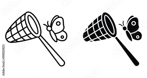 butterfly net and flying insect icon set in outline and solid black styles for nature exploration and entomology hobby projects
