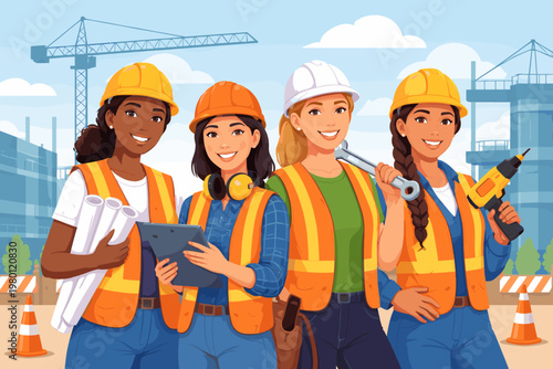 Diverse Group of Female Construction Workers and Engineers Wearing Hard Hats and Safety Vests Holding Tools and Blueprints on a Building Site Flat Vector Illustration for Women in Construction Week
