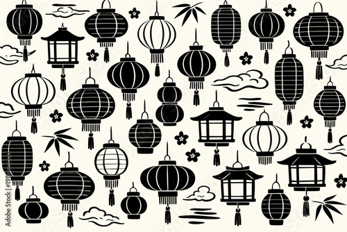 Seamless vector pattern of black silhouette Japanese and Chinese paper lanterns, clouds, bamboo leaves, and flowers on a light background. Traditional Asian ink design for cultural decoration.