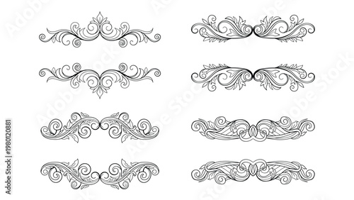 Set of elegant floral swirl design elements with leaves and curls in black lines